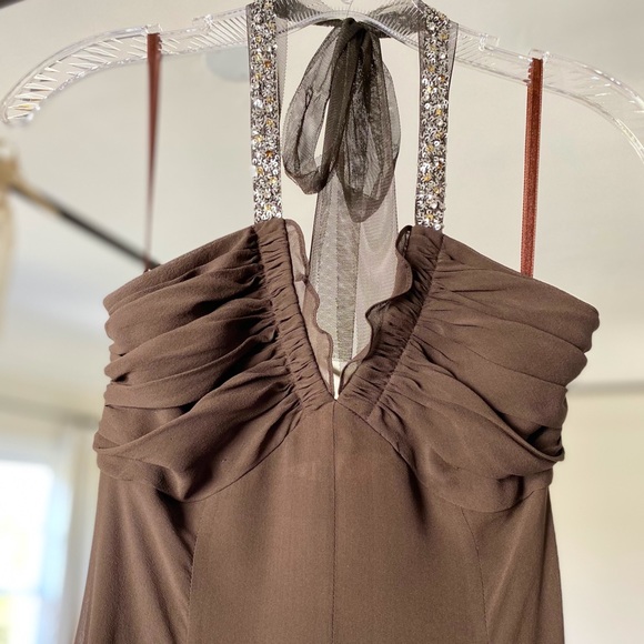 BCBG MAX AZRIA Chiffon Sequin Halter Dress, Brown - Picture 5 of 10